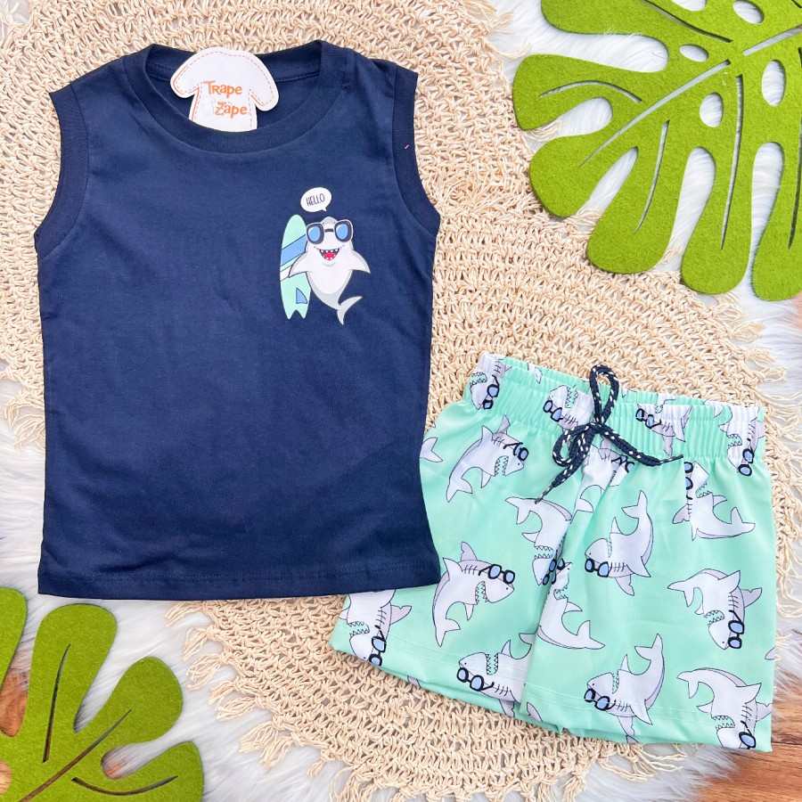 Conj. Regata Hello Shark e Bermuda em Táctel - Marinho